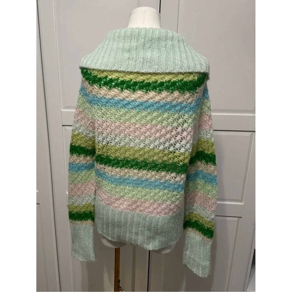 Free People‎ Stripe Cardigan Pastel Green, Pink, Blue Shawl Collar Wool Blend M